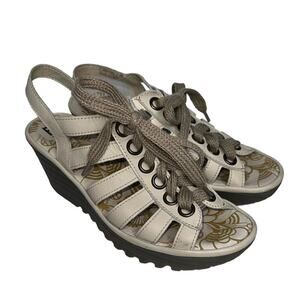 Fly London Yito Leather Gladiator Wedge Sandals White EU 39 US 9